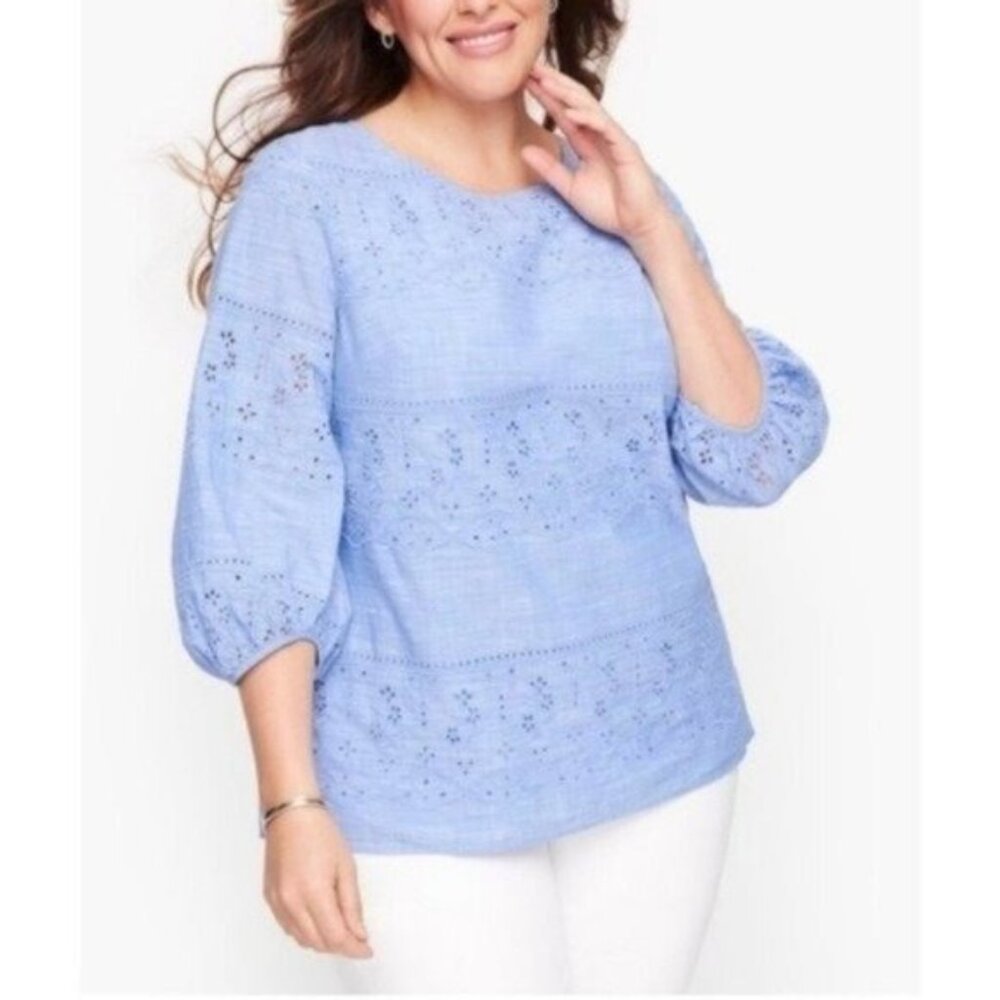 Talbots Blue Eyelet Embroidered Blouse Balloon Sleeves